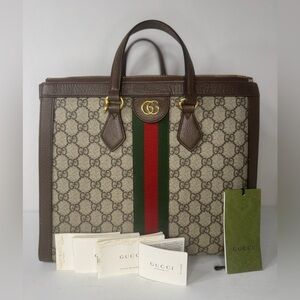 Gucci GG Supreme Monogram Web Medium Ophidia Tote Bag Brown.